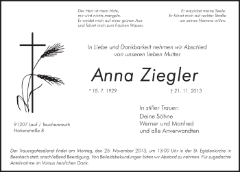 Traueranzeige von Anna Ziegler von Pegnitz-Zeitung